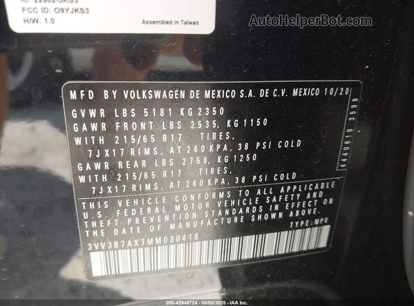 3VV3B7AX7MM030418 2021 VOLKSWAGEN TIGUAN Black 