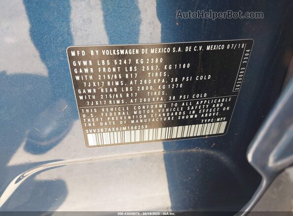 3VV3B7AX8JM188259 2018 VOLKSWAGEN TIGUAN Синий 