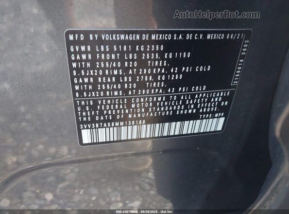 3VV3B7AX8MM138188 2021 VOLKSWAGEN TIGUAN Gray Engine compartment view