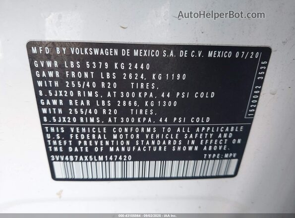 3VV4B7AX5LM147420 2020 VOLKSWAGEN TIGUAN White Вид підкапотного простору