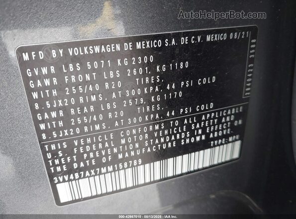 3VV4B7AX7MM158789 2021 VOLKSWAGEN TIGUAN Gray Շարժիչի բաժամունքի տեսք