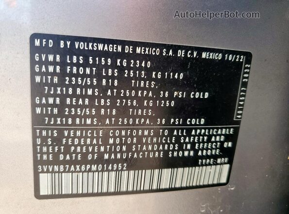 3VVNB7AX6PM014952 2023 VOLKSWAGEN TIGUAN Silver VIN կոդի պիտակի տեսք