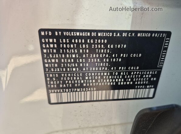 3VVVX7B27PM363459 2023 VOLKSWAGEN TAOS  Вид наклейки с VIN-кодом