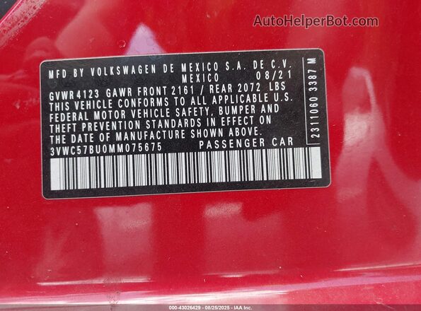 3VWC57BU0MM075675 2021 VOLKSWAGEN JETTA Red Вид підкапотного простору