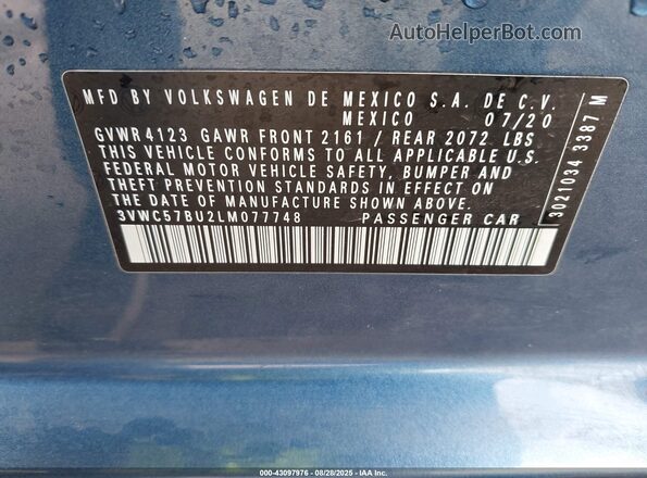 3VWC57BU2LM077748 2020 VOLKSWAGEN JETTA Blue Engine compartment view
