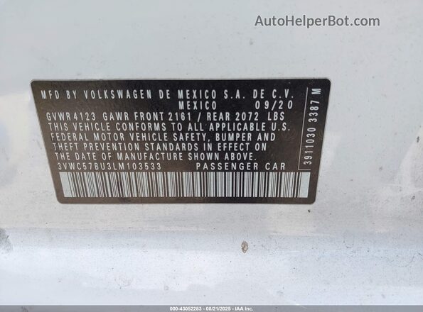 3VWC57BU3LM103533 2020 VOLKSWAGEN JETTA Белый Вид подкапотного пространства