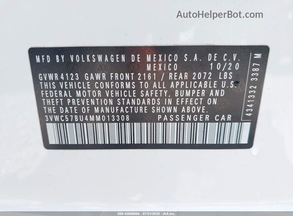3VWC57BU4MM013308 2021 VOLKSWAGEN JETTA White Engine compartment view