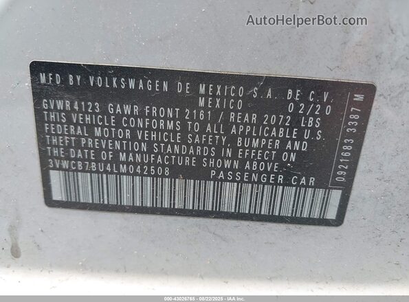 3VWCB7BU4LM042508 2020 VOLKSWAGEN JETTA White Շարժիչի բաժամունքի տեսք