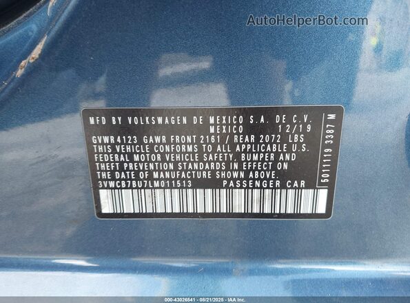 3VWCB7BU7LM011513 2020 VOLKSWAGEN JETTA Blue Widok komory silnika