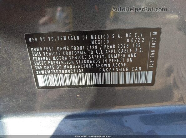 3VWCM7BU2NM021105 2022 VOLKSWAGEN JETTA Gray 