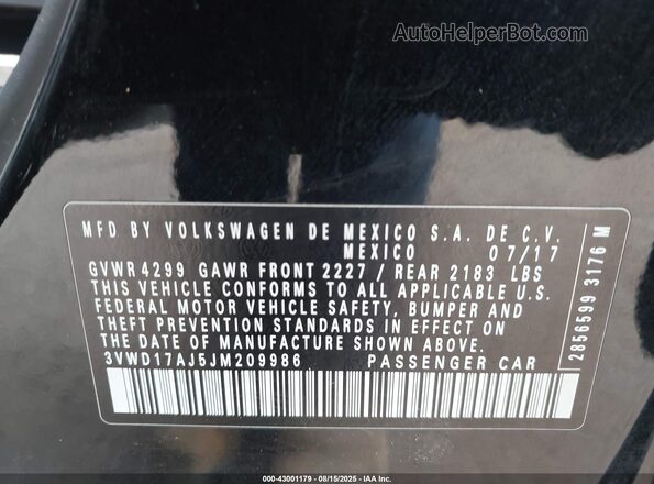 3VWD17AJ5JM209986 2018 VOLKSWAGEN JETTA Black 