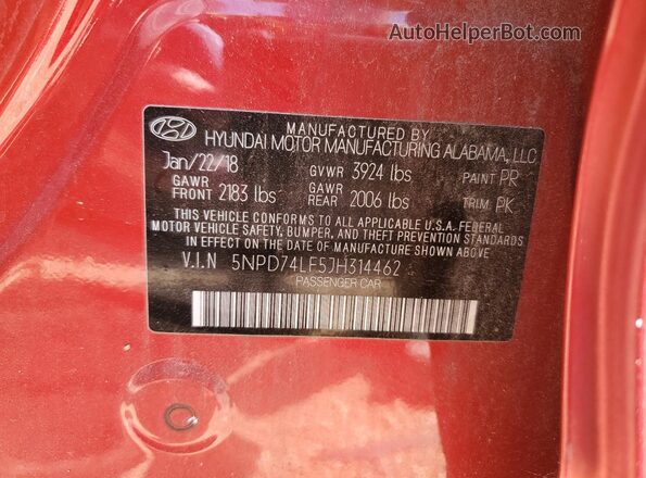 5NPD74LF5JH314462 2018 HYUNDAI ELANTRA Red 