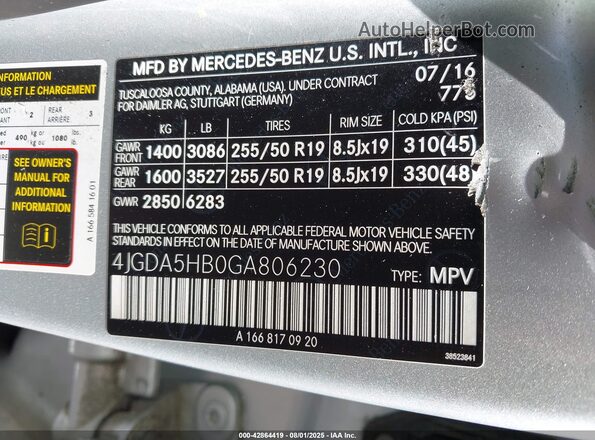 4JGDA5HB0GA806230 2016 MERCEDES-BENZ GLE 350 Серебряный 