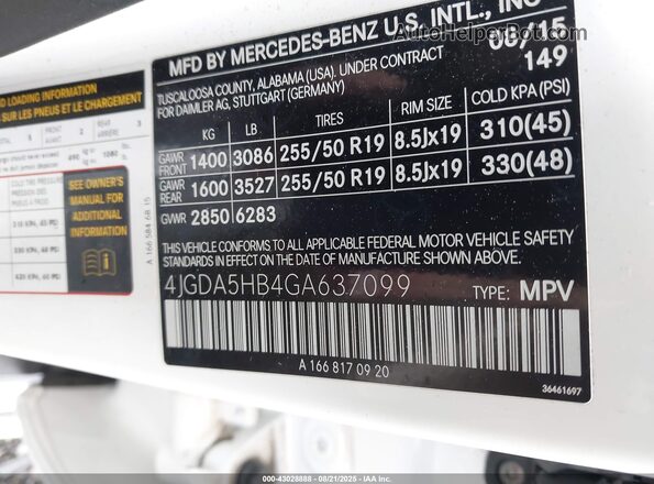 4JGDA5HB4GA637099 2016 MERCEDES-BENZ GLE 350 White 
