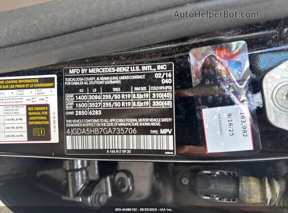 4JGDA5HB7GA735706 2016 MERCEDES-BENZ GLE Черный 