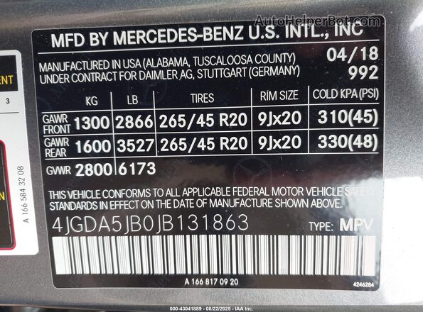 4JGDA5JB0JB131863 2018 MERCEDES-BENZ GLE Blue 