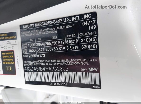 4JGDA5JB4HA962802 2017 MERCEDES-BENZ GLE 350 White 