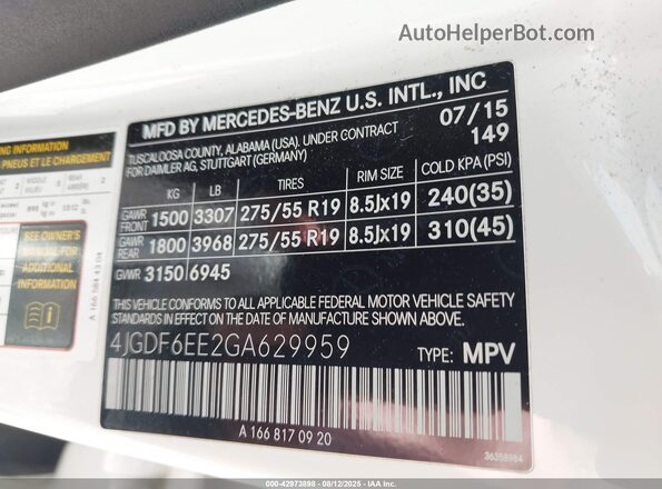 4JGDF6EE2GA629959 2016 MERCEDES-BENZ GL 450 White ძრავის განყოფილების ხედი