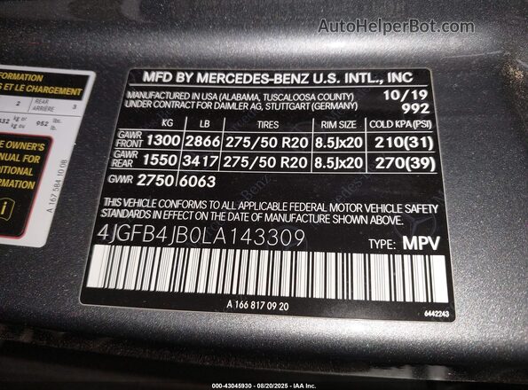 4JGFB4JB0LA143309 2020 MERCEDES-BENZ GLE 350 Gray Engine compartment view