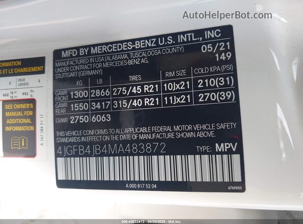 4JGFB4JB4MA483872 2021 MERCEDES-BENZ GLE 350 White Vista del compartimento del motor