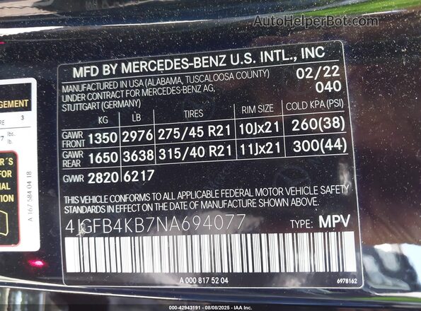 4JGFB4KB7NA694077 2022 MERCEDES-BENZ GLE 350 Черный 