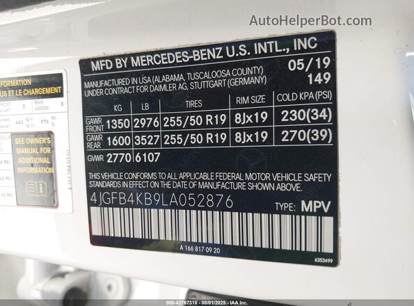 4JGFB4KB9LA052876 2020 MERCEDES-BENZ GLE 350 White Vista del compartimento del motor