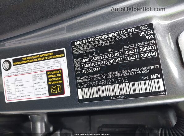 4JGFF5KE4RB239742 2024 MERCEDES-BENZ GLS Gray Շարժիչի բաժամունքի տեսք