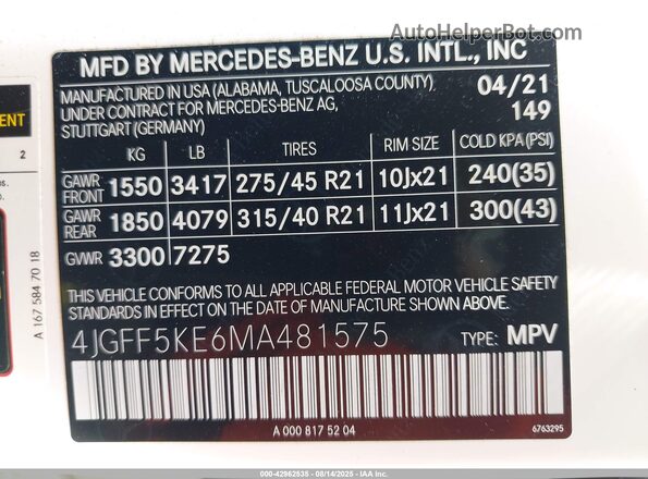 4JGFF5KE6MA481575 2021 MERCEDES-BENZ GLS 450 White Engine compartment view