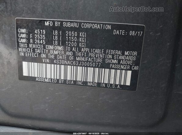 4S3BNAC63J3005077 2018 SUBARU LEGACY Gray ძრავის განყოფილების ხედი