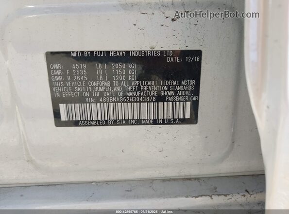 4S3BNAS62H3043878 2017 SUBARU LEGACY White Շարժիչի բաժամունքի տեսք