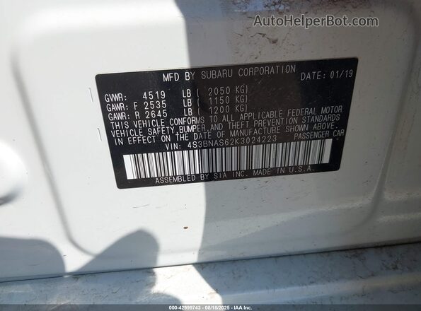 4S3BNAS62K3024223 2019 SUBARU LEGACY White 