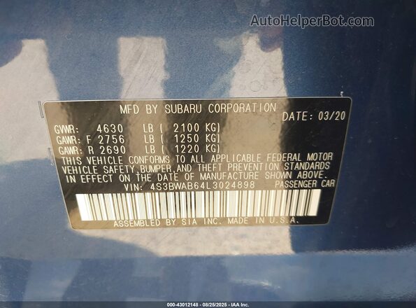 4S3BWAB64L3024898 2020 SUBARU LEGACY Blue ძრავის განყოფილების ხედი