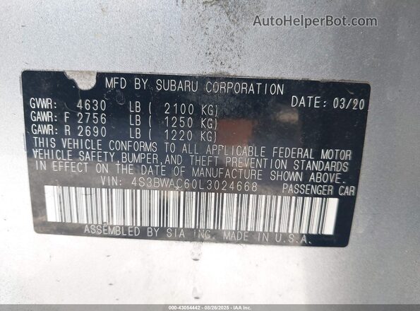 4S3BWAC60L3024668 2020 SUBARU LEGACY Silver Vista del compartimento del motor