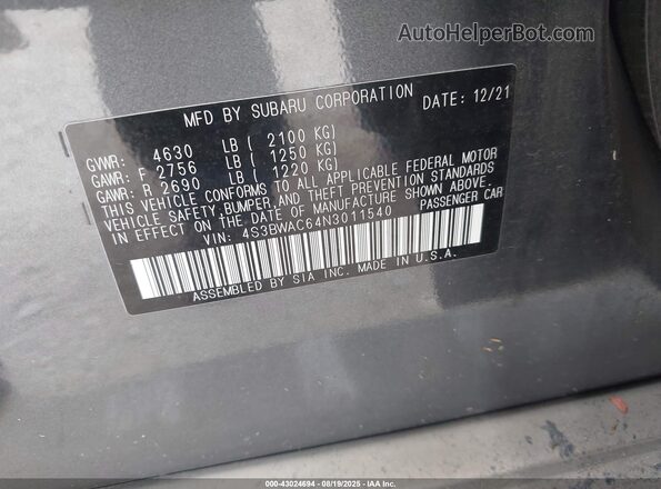 4S3BWAC64N3011540 2022 SUBARU LEGACY Gray 