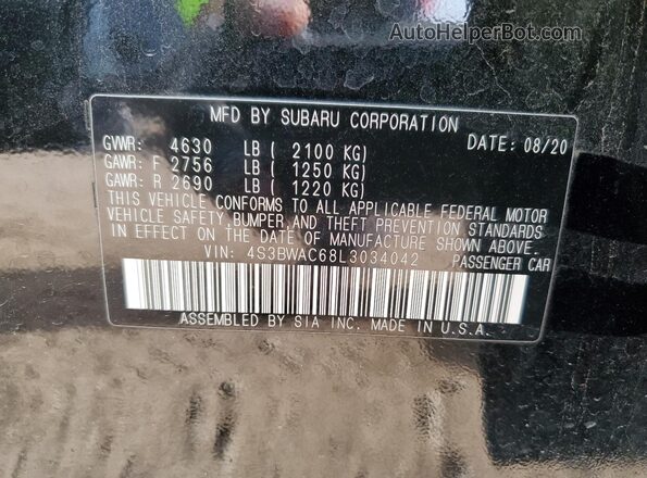 4S3BWAC68L3034042 2020 SUBARU LEGACY Black ძრავის განყოფილების ხედი