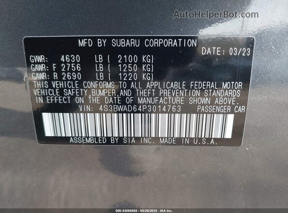 4S3BWAD64P3014763 2023 SUBARU LEGACY Серый 