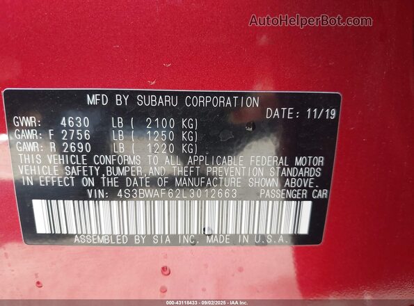 4S3BWAF62L3012663 2020 SUBARU LEGACY Burgundy 