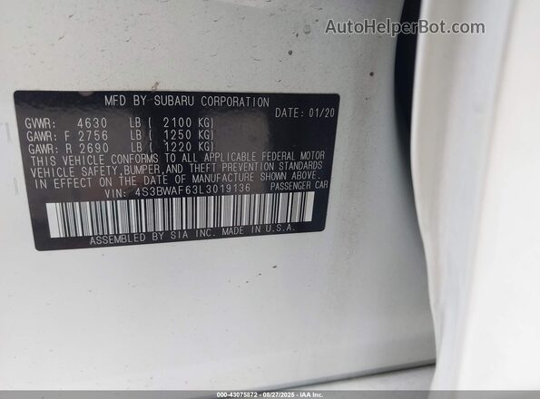 4S3BWAF63L3019136 2020 SUBARU LEGACY White Вид підкапотного простору