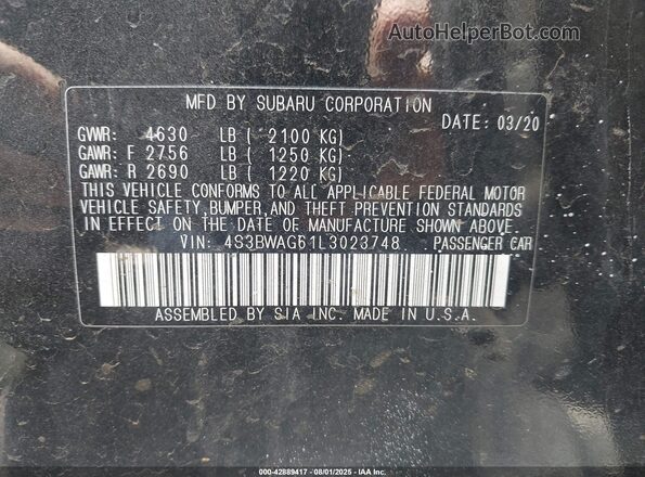 4S3BWAG61L3023748 2020 SUBARU LEGACY Черный Вид подкапотного пространства