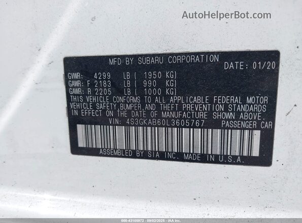 4S3GKAB60L3605767 2020 SUBARU IMPREZA White Շարժիչի բաժամունքի տեսք