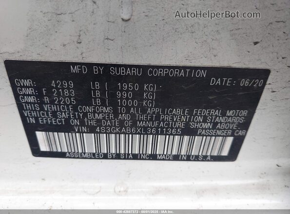 4S3GKAB6XL3611365 2020 SUBARU IMPREZA White 