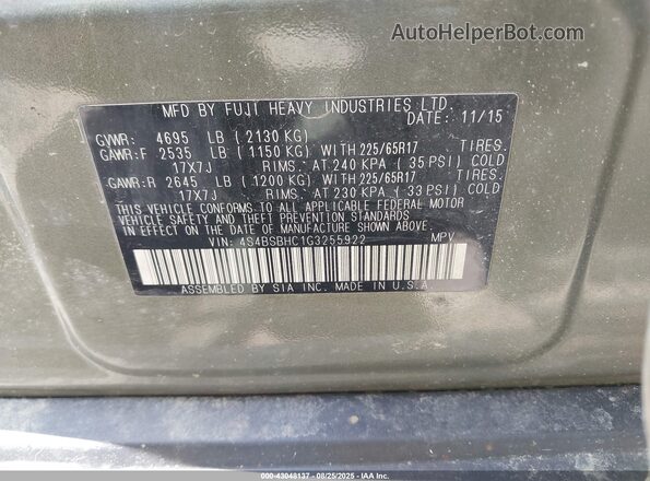 4S4BSBHC1G3255922 2016 SUBARU OUTBACK Green Vista del compartimento del motor
