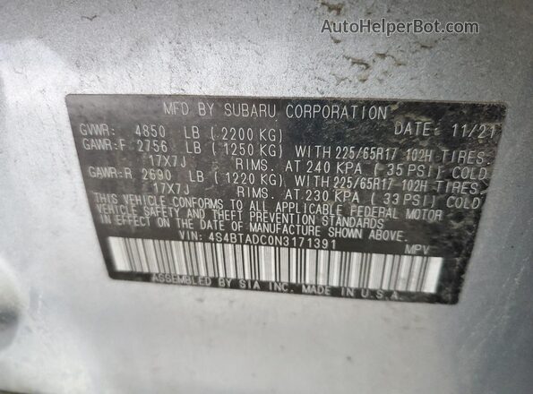 4S4BTADC0N3171391 2022 SUBARU OUTBACK Серебряный 