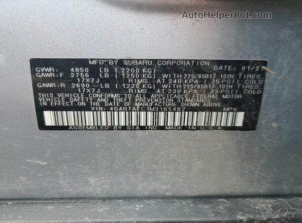 4S4BTAFC1M3165482 2021 SUBARU OUTBACK Silver Widok naklejki z numerem VIN
