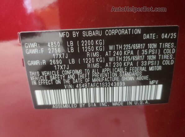 4S4BTAFC1S3243899 2025 SUBARU OUTBACK Red 