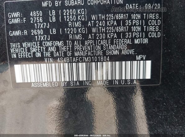 4S4BTAFC7M3101804 2021 SUBARU OUTBACK Black ძრავის განყოფილების ხედი