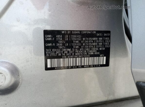 4S4BTANC2M3210205 2021 SUBARU OUTBACK Silver 