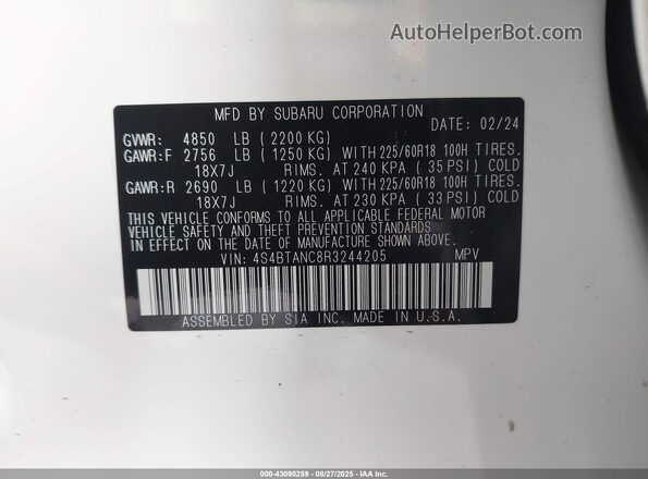 4S4BTANC8R3244205 2024 SUBARU OUTBACK White 