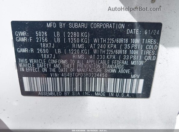 4S4BTGPD3R3234450 2024 SUBARU OUTBACK White Вид підкапотного простору