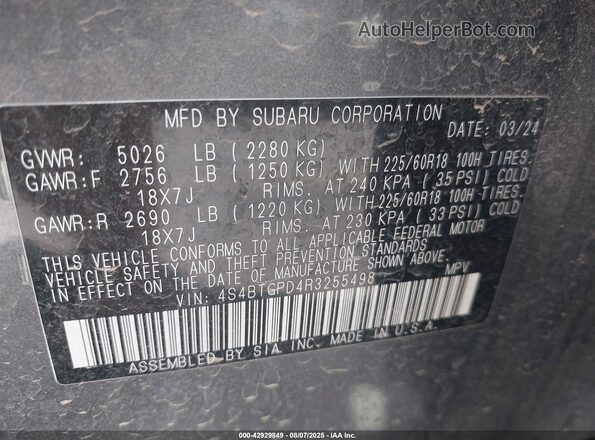 4S4BTGPD4R3255498 2024 SUBARU OUTBACK Gray Widok komory silnika